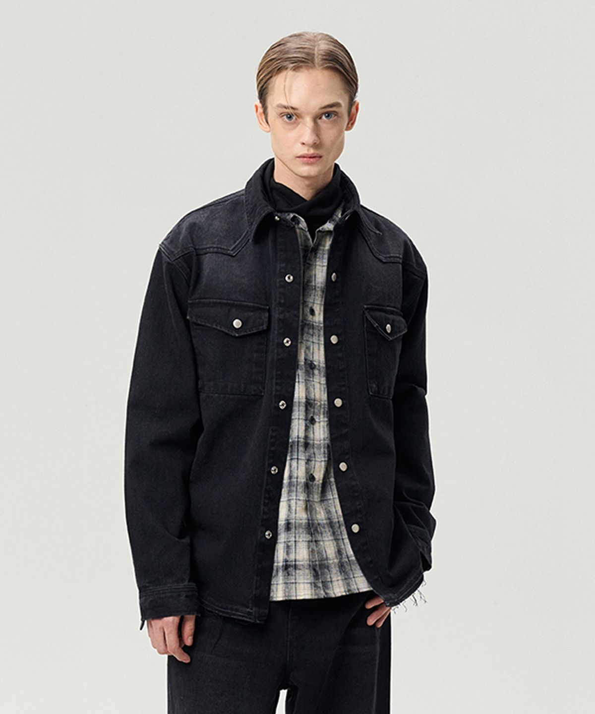 리이 맨(RERHEE MEN) DESTROYED HEM SHIRT JACKET WASHED BLACK