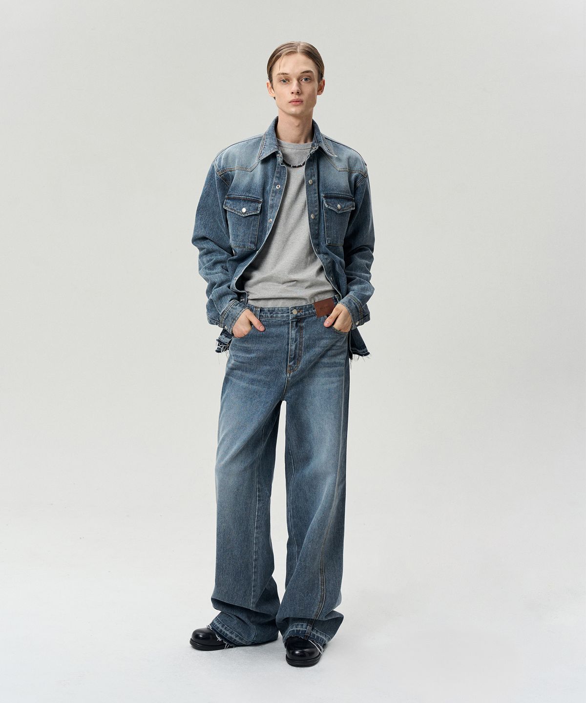 리이 맨(RERHEE MEN) DESTROYED HEM SHIRT JACKET WASHED BLUE