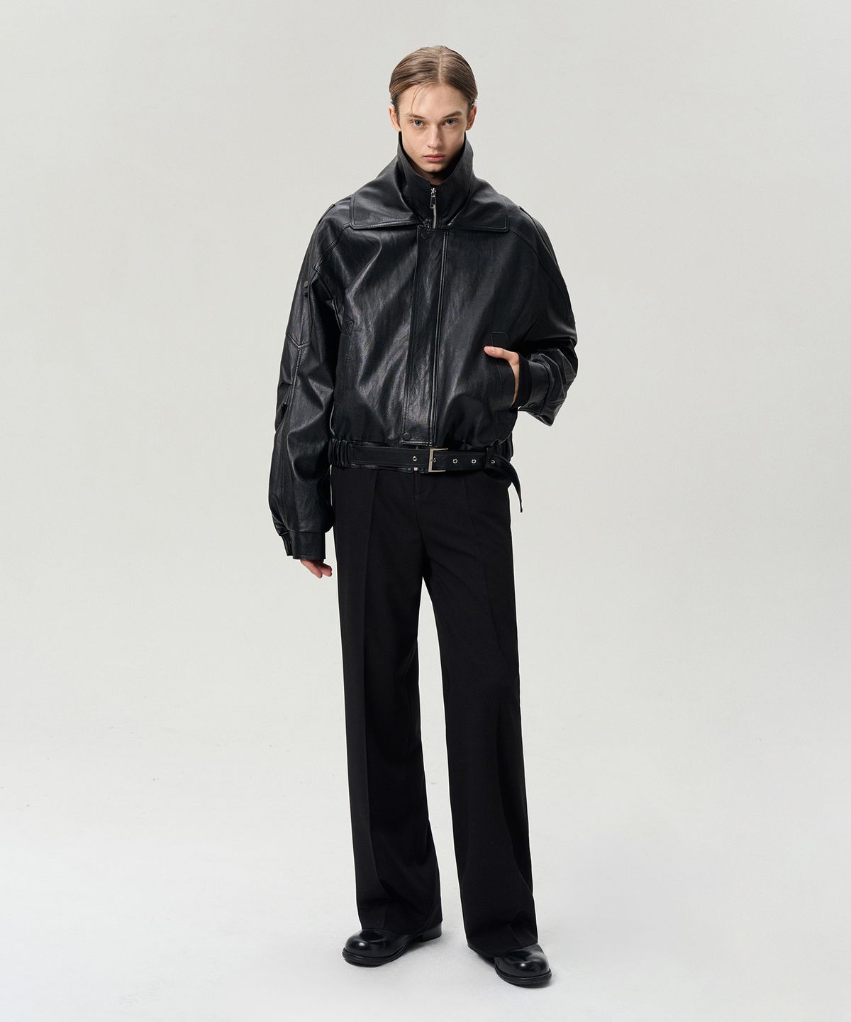 리이 맨(RERHEE MEN) DOUBLE COLLAR BELTED HEM JACKET BLACK