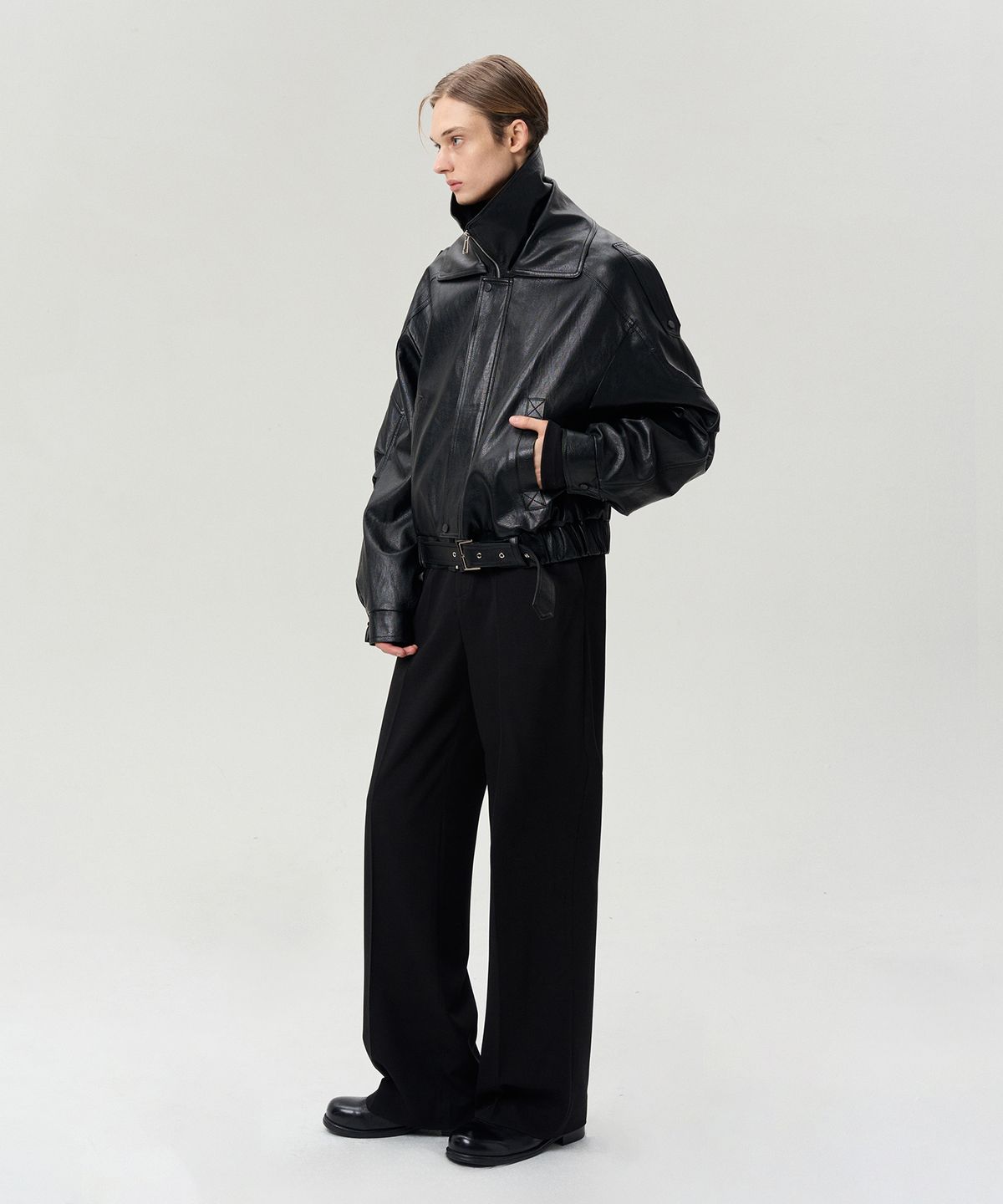 리이 맨(RERHEE MEN) DOUBLE COLLAR BELTED HEM JACKET BLACK