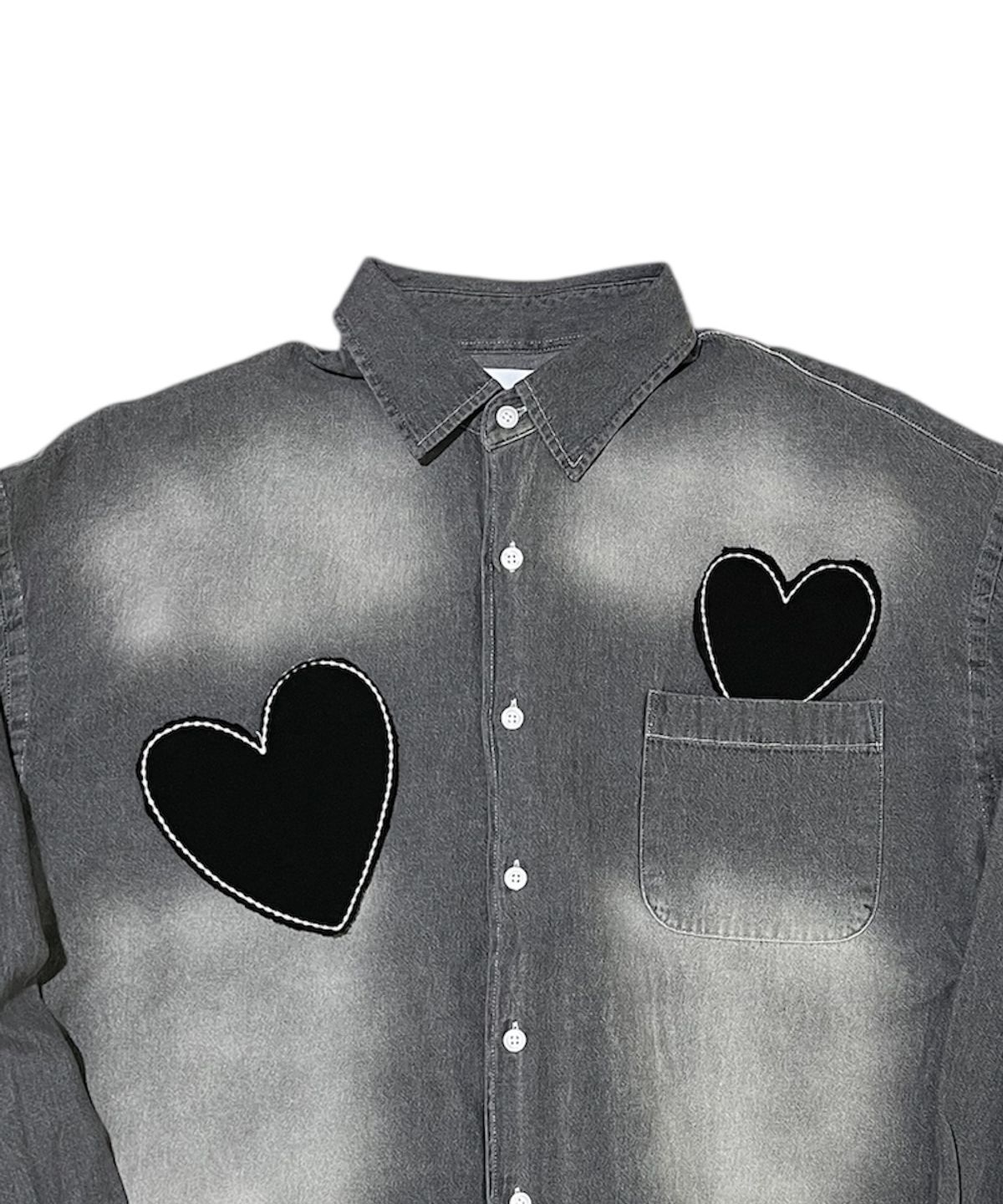 스케이터락(SK8ER ROCK) Double Hearts Denim Shirt ((gray))