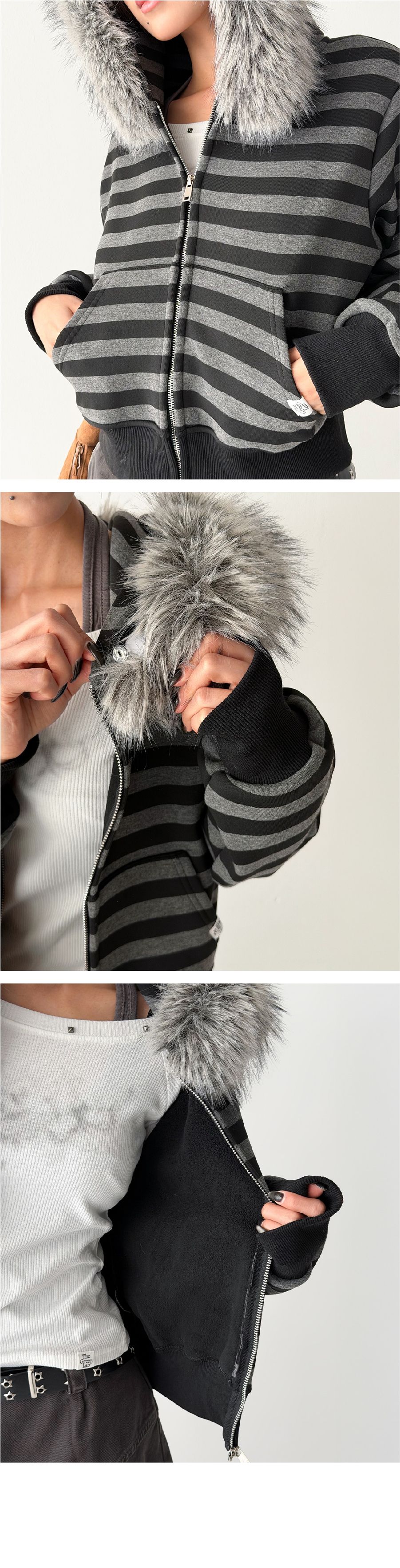 MUSINSA | THE GREEN LAB Fur Hood Stripe Zip-Up [Black/Stripe]
