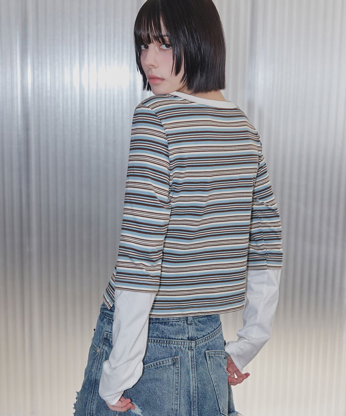렌세(RENSE) Side Snap Contrast Stripe T-Shirt Blue