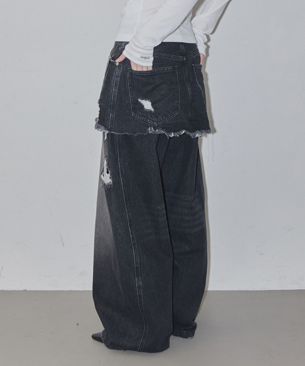 렌세(RENSE) Layered Skirt Denim Pants Black