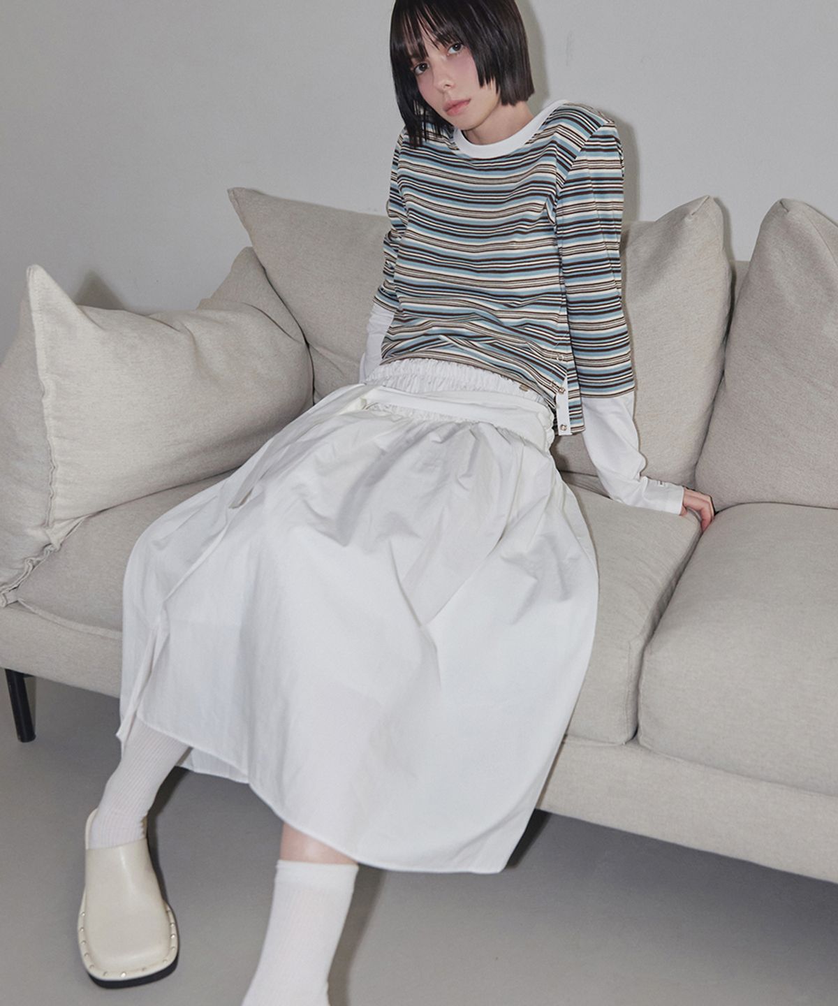 렌세(RENSE) Smocked Shirring Skirt Ivory