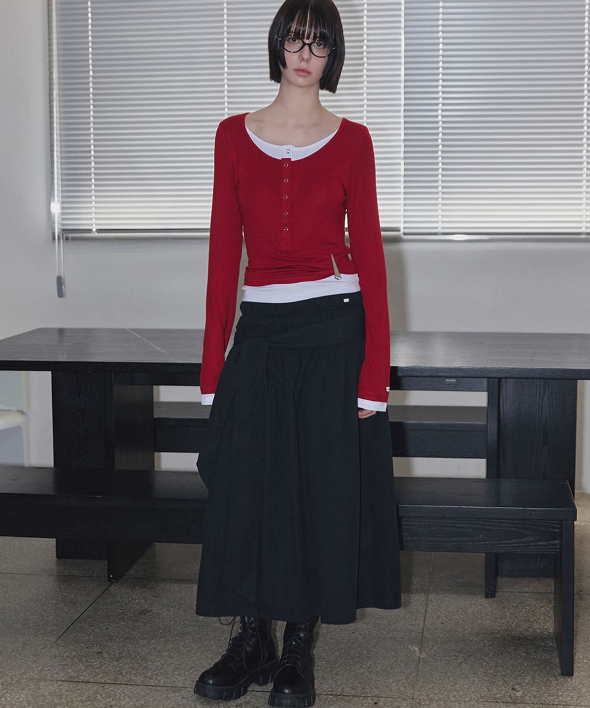 렌세(RENSE) Smocked Shirring Skirt Black