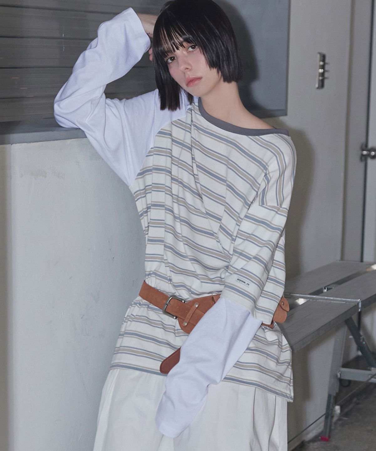 렌세(RENSE) Striped Mixed Sleeve T-Shirt White