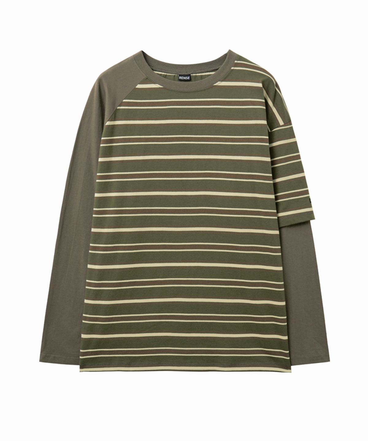 렌세(RENSE) Striped Mixed Sleeve T-Shirt Khaki