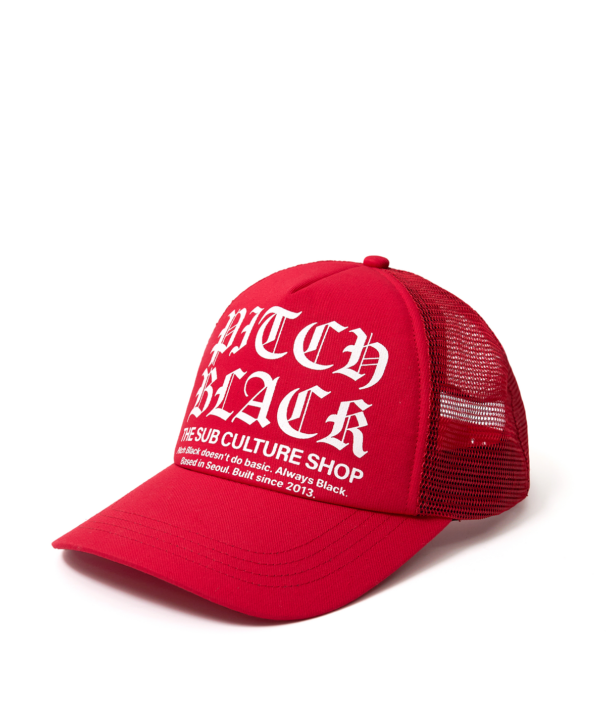 피치블랙(PITCHBLACK) LOGO SOLID PRINTING TRUCKER CAP (RED)