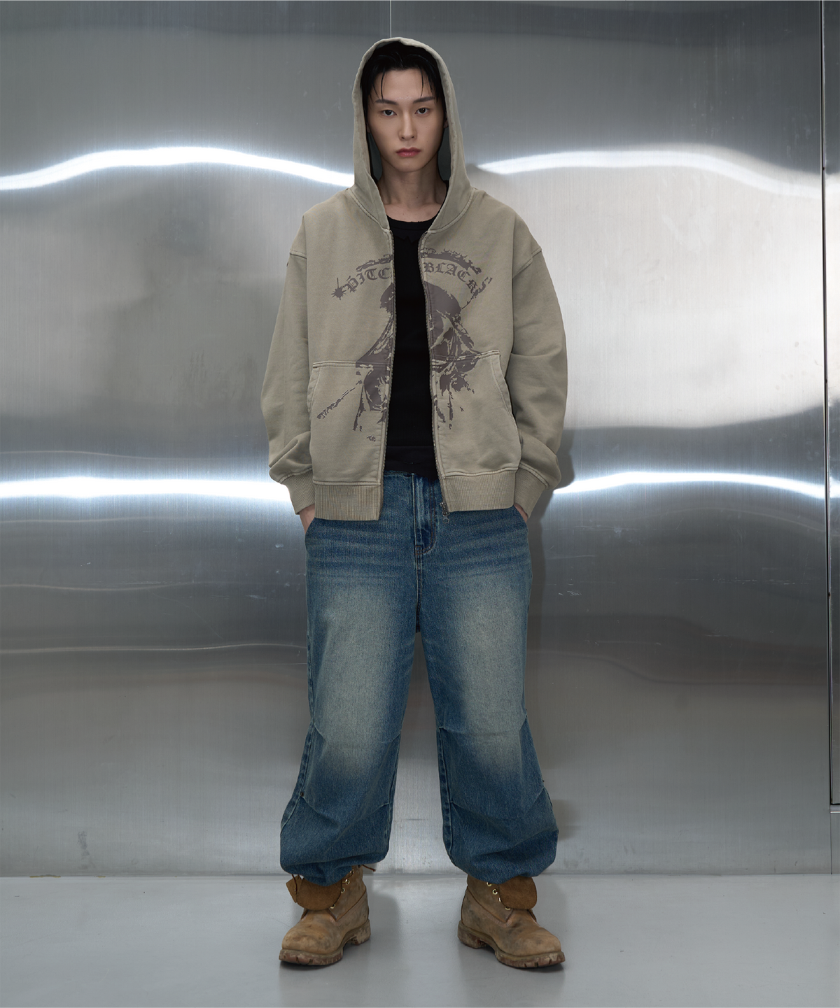 피치블랙(PITCHBLACK) VINTAGE PIGMENT PRINTING HOOD ZIP UP (BEIGE)