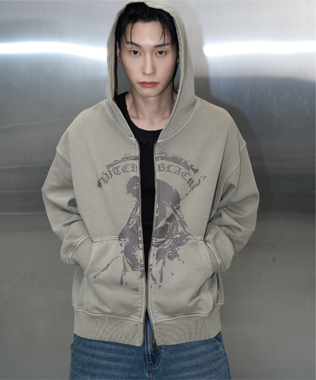 피치블랙(PITCHBLACK) VINTAGE PIGMENT PRINTING HOOD ZIP UP (BEIGE)