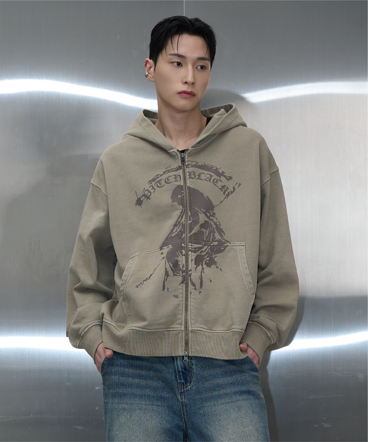 피치블랙(PITCHBLACK) VINTAGE PIGMENT PRINTING HOOD ZIP UP (BEIGE)