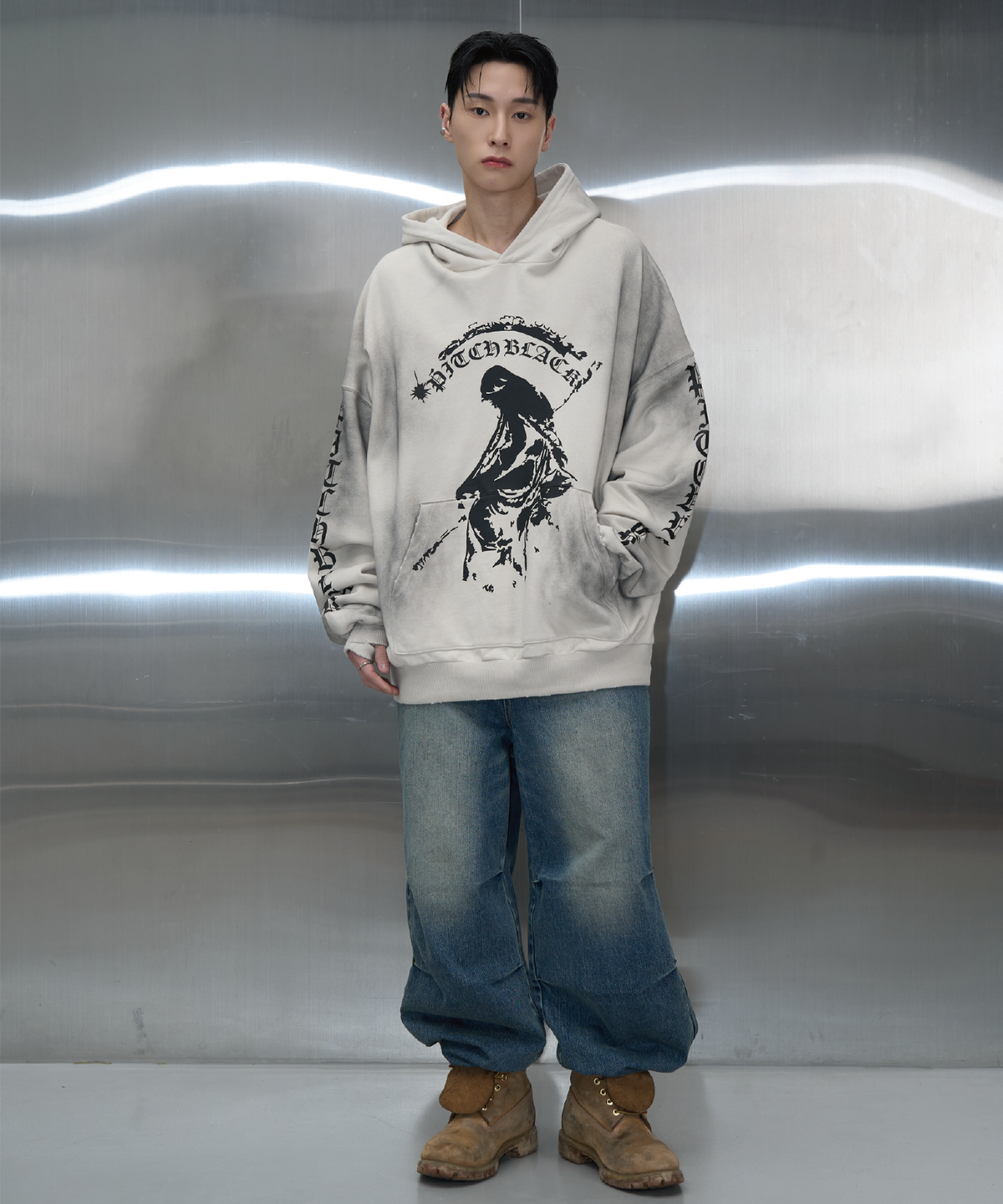 피치블랙(PITCHBLACK) DIRTY WHITE PRINTING HOODIE (WHITE)