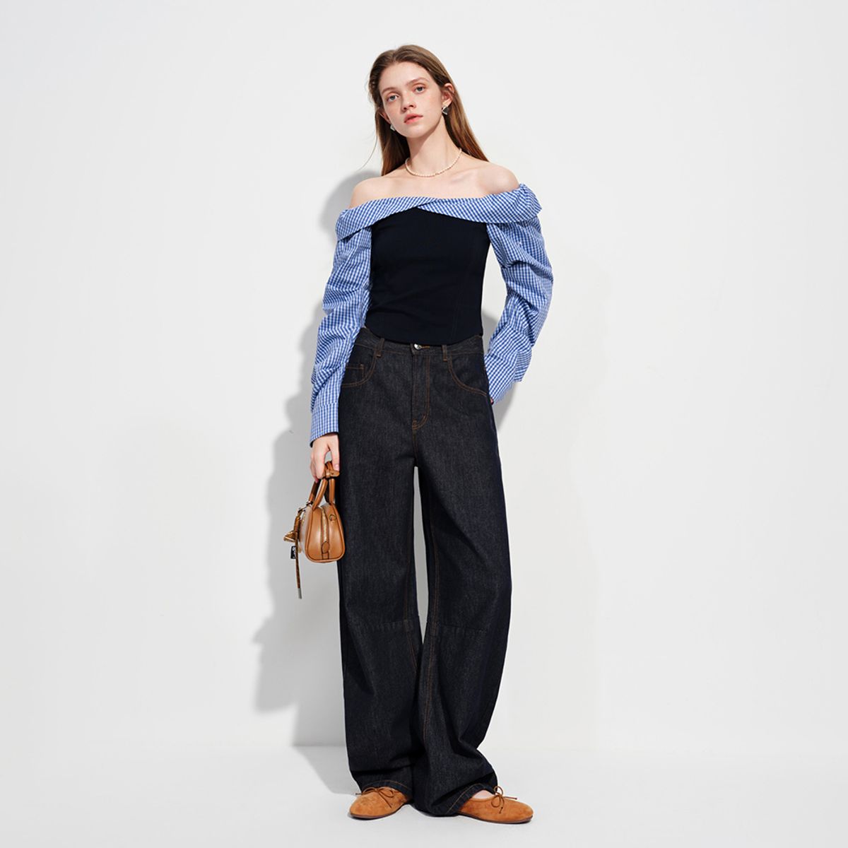웬스데이딜라잇(WEDNESDAY DELIGHT) WD_Plaid off-shoulder blouse