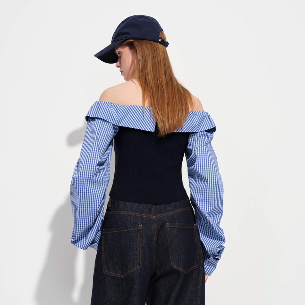웬스데이딜라잇(WEDNESDAY DELIGHT) WD_Plaid off-shoulder blouse