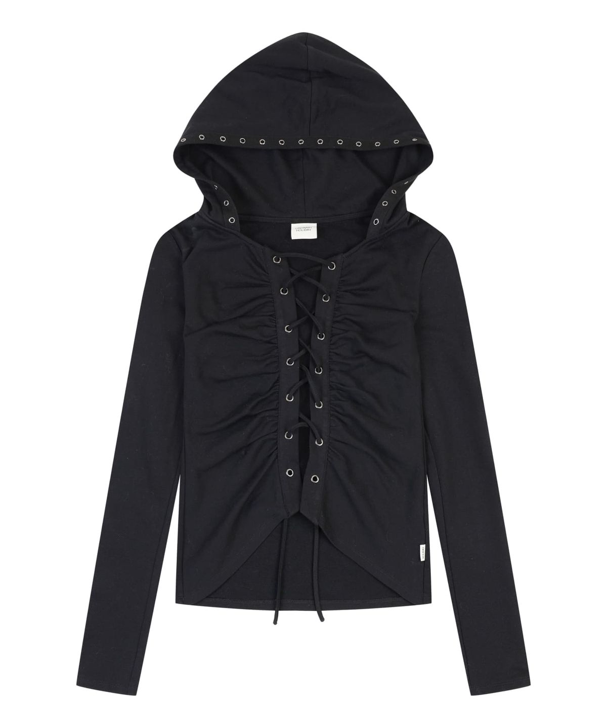 오디너리 홀리데이(ORDINARY HOLIDAY) SHIRRING LACE UP HOODIE [BLACK]