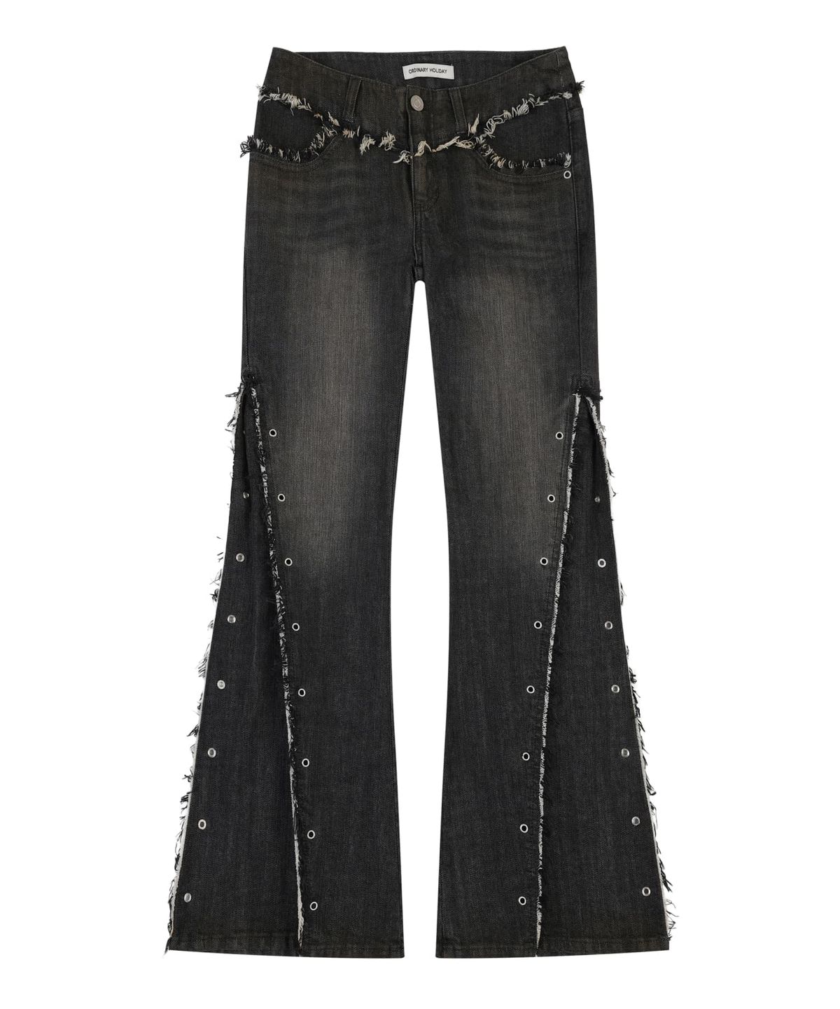 오디너리 홀리데이(ORDINARY HOLIDAY) EYELET RAW-EDGE BOOTS CUT JEANS [BLACK]