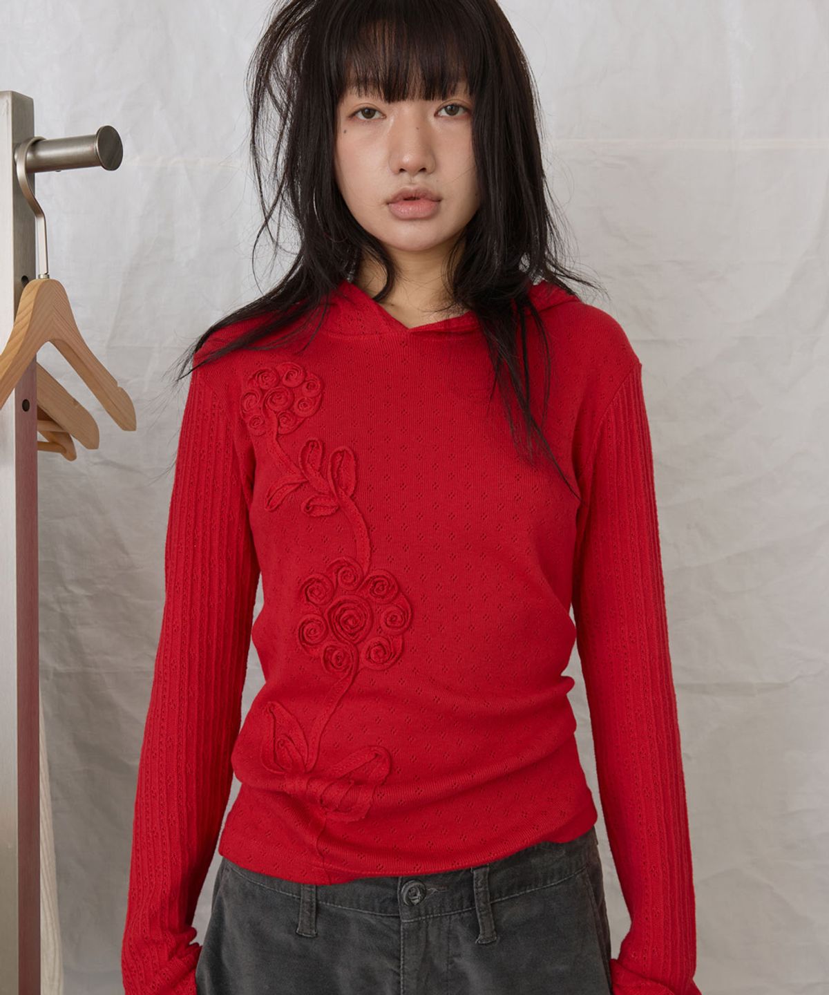 영마일웨어(0MILEWEAR) 플라워 니트 슬림 후드 (red)