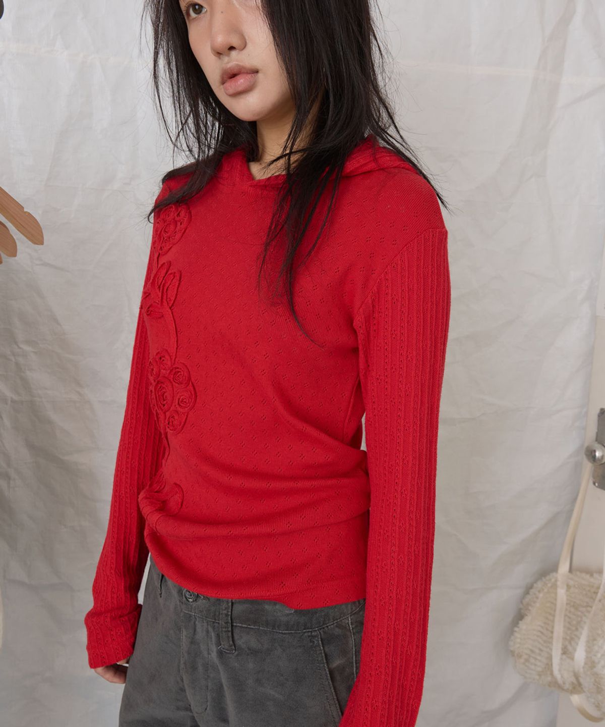 영마일웨어(0MILEWEAR) 플라워 니트 슬림 후드 (red)