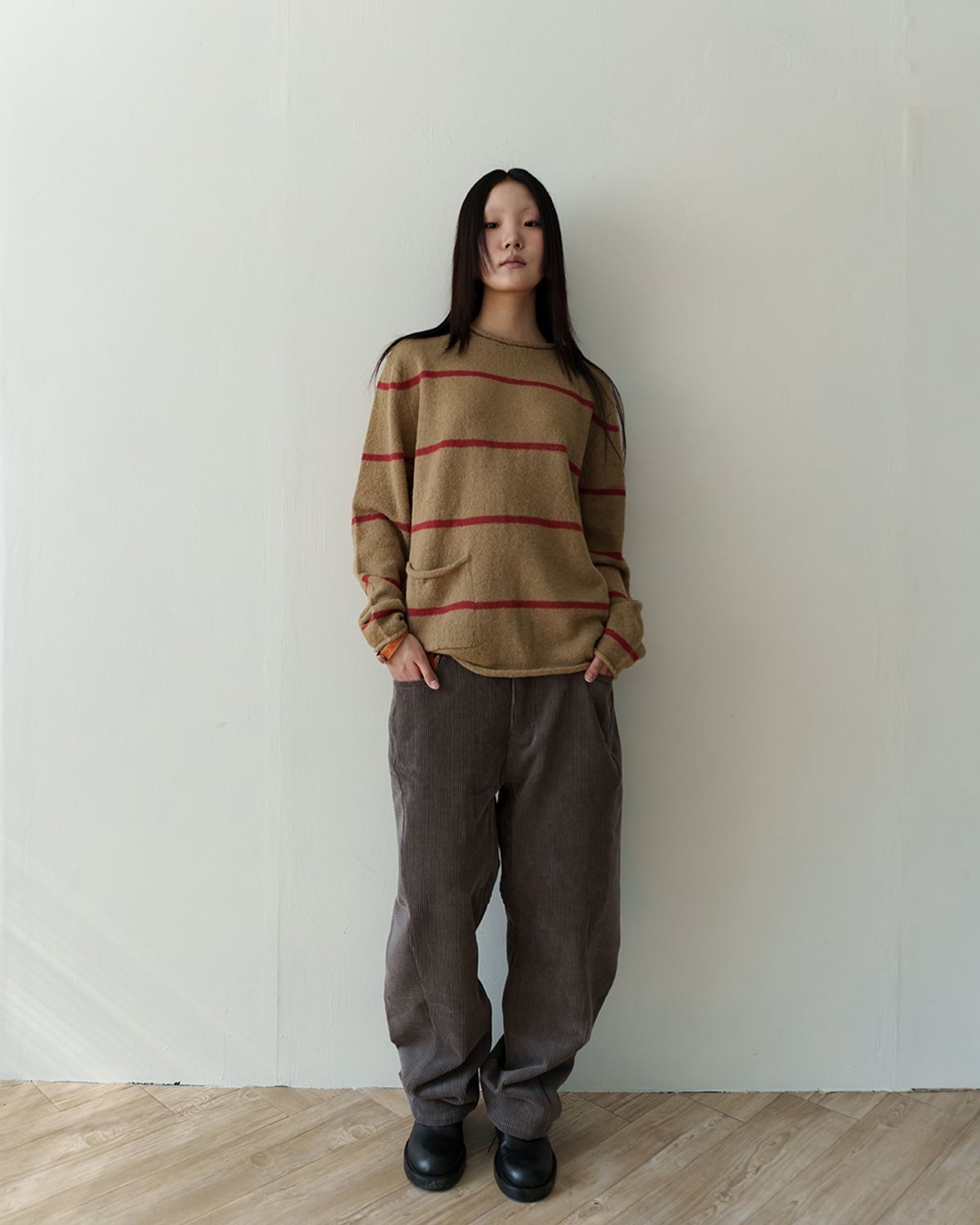 카락터(KARACTOR) Roll-up stripe pocket knit / Beige