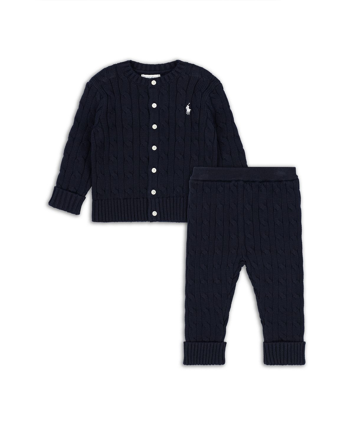 폴로 랄프 로렌 칠드런(POLO RALPH LAUREN CHILDREN) 케이블 니트 코튼 카디건 앤 팬츠 세트-네이비