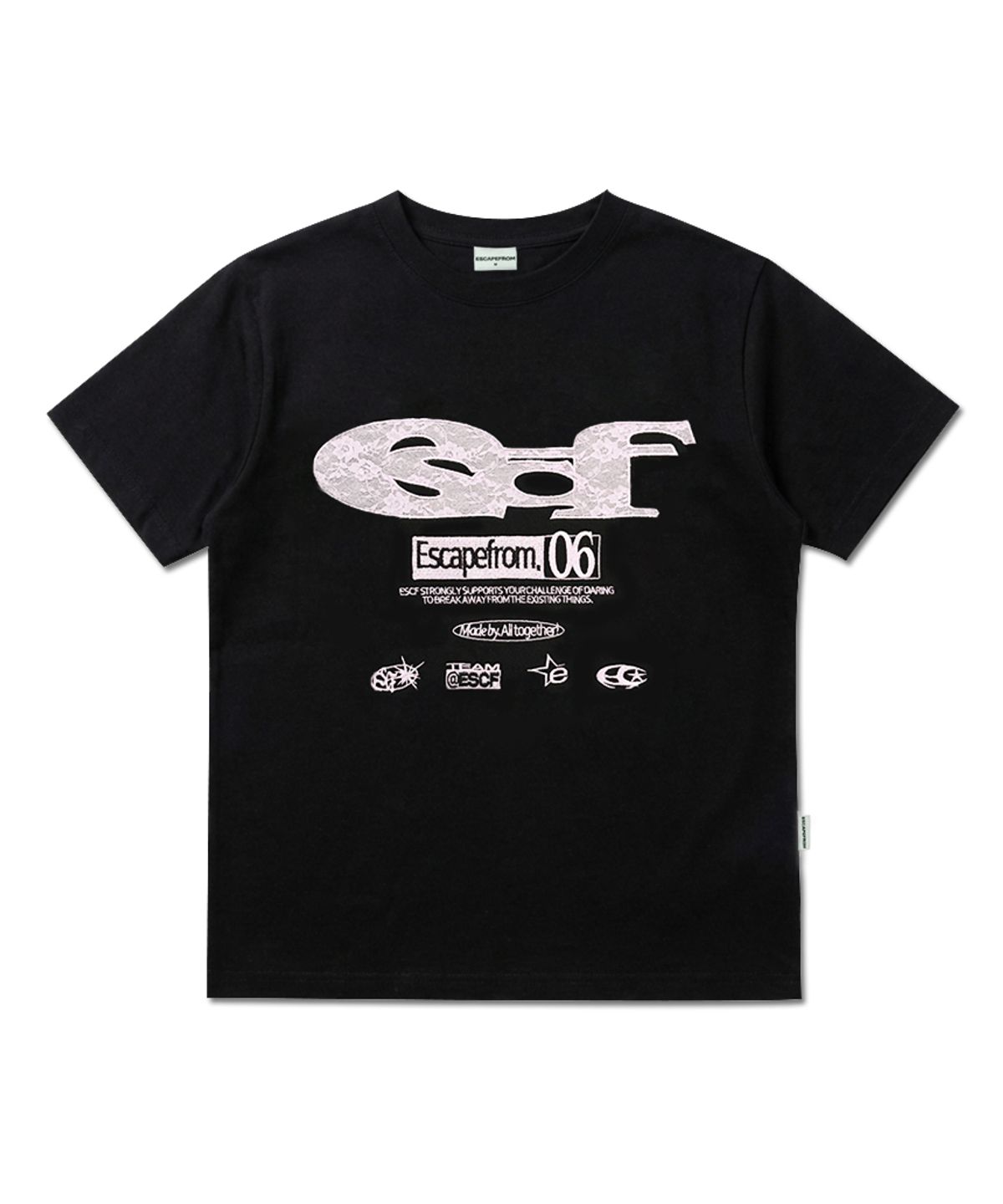 이스케이프프롬(ESCAPEFROM) 레이스 ESCF 로고 콜라주 아플리케 스탠다드핏 반팔티 [2color]