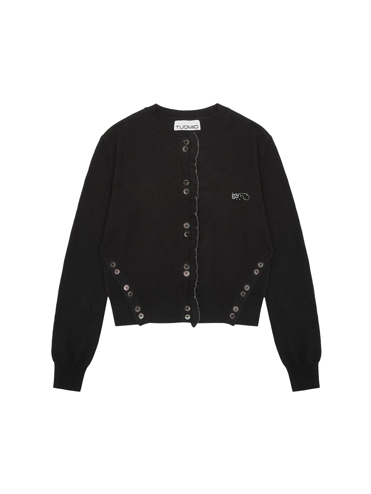 뚜오미오(TUOMIO) SIDE BUTTON RUFFLE CARDIGAN [BLACK]