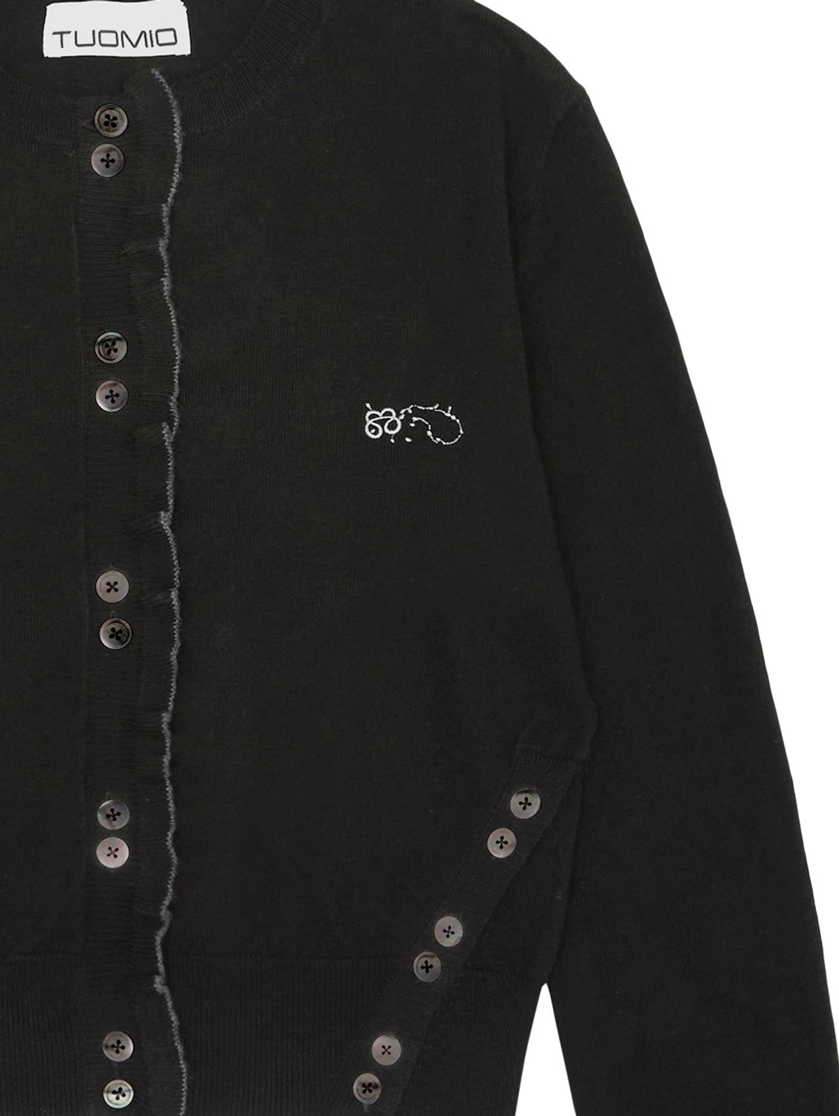뚜오미오(TUOMIO) SIDE BUTTON RUFFLE CARDIGAN [BLACK]