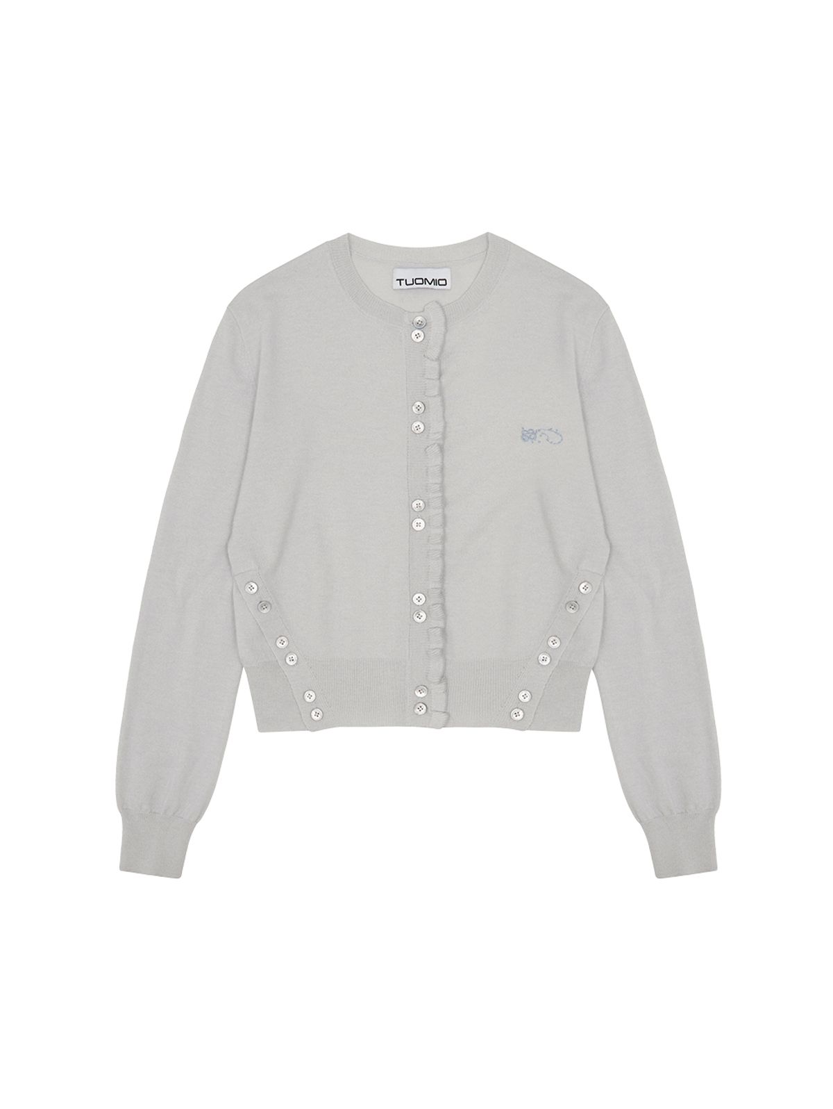 뚜오미오(TUOMIO) SIDE BUTTON RUFFLE CARDIGAN [LIGHT GREY]