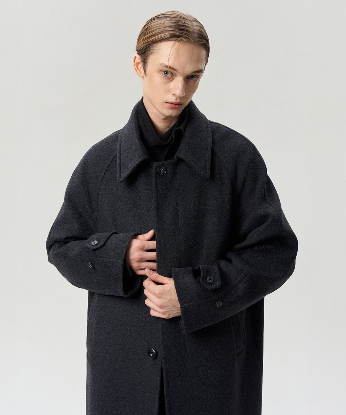 리이 맨(RERHEE MEN) WOOL BLEND SINGLE BREASTED COAT CHARCOAL