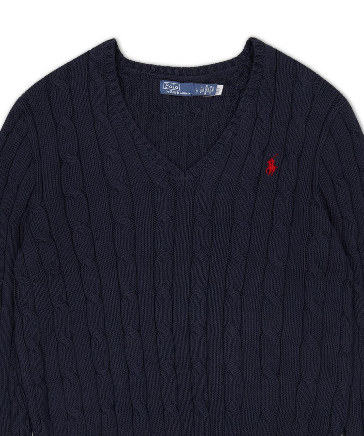 폴로 랄프 로렌(POLO RALPH LAUREN) 케이블 니트 코튼 브이넥 스웨터-블루