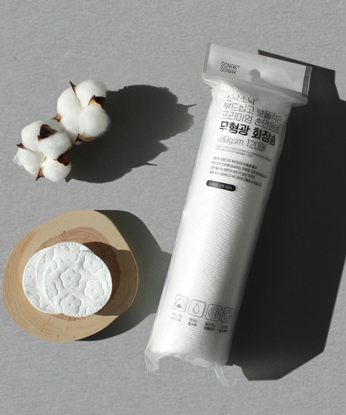 소낙소낙(SONAKSONAK) 부드럽고 보풀적은 프리미엄 순면원형 무형광 화장솜 180gsm 120매 X 3세트