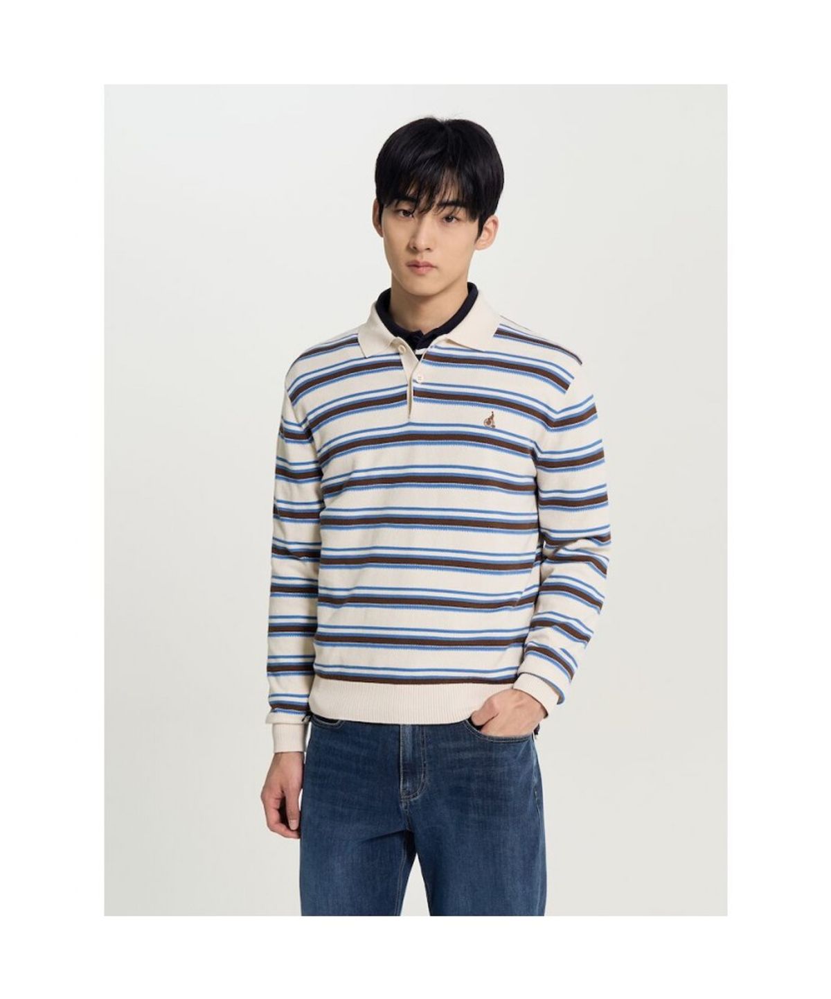 빈폴 멘(BEANPOLE MEN) 멀티 스트라이프 칼라넥 니트  베이지