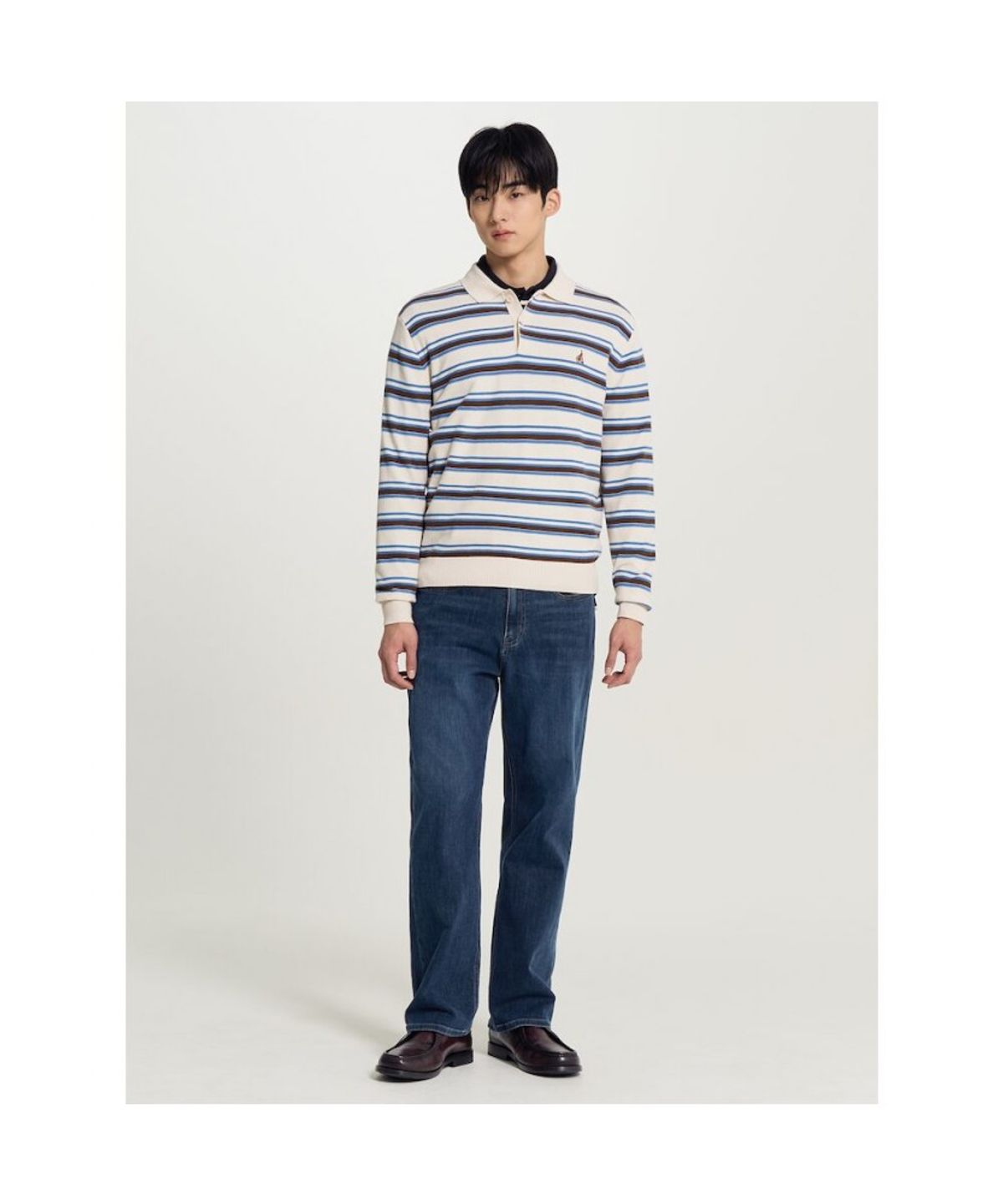 빈폴 멘(BEANPOLE MEN) 멀티 스트라이프 칼라넥 니트  베이지