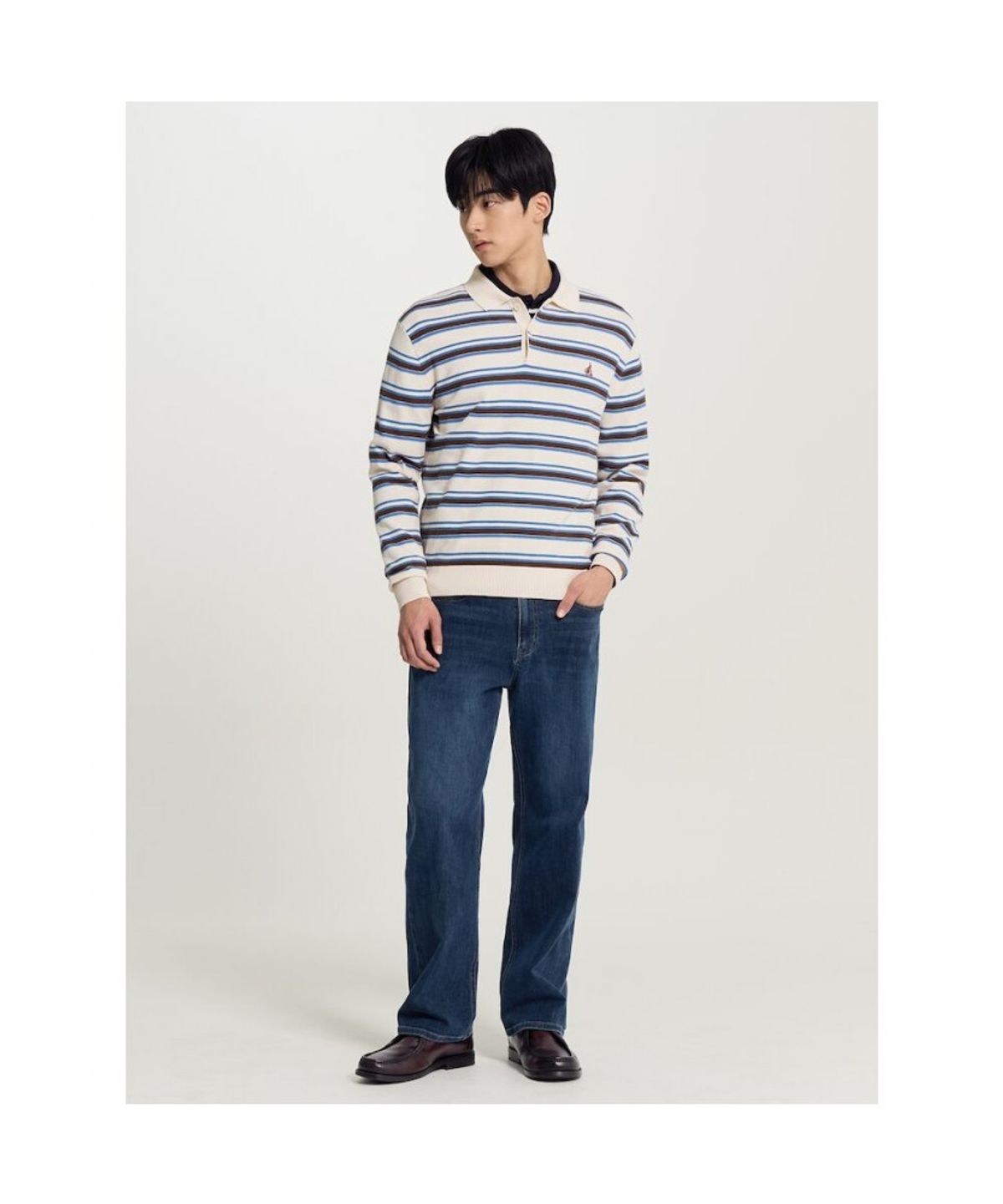 빈폴 멘(BEANPOLE MEN) 멀티 스트라이프 칼라넥 니트  베이지