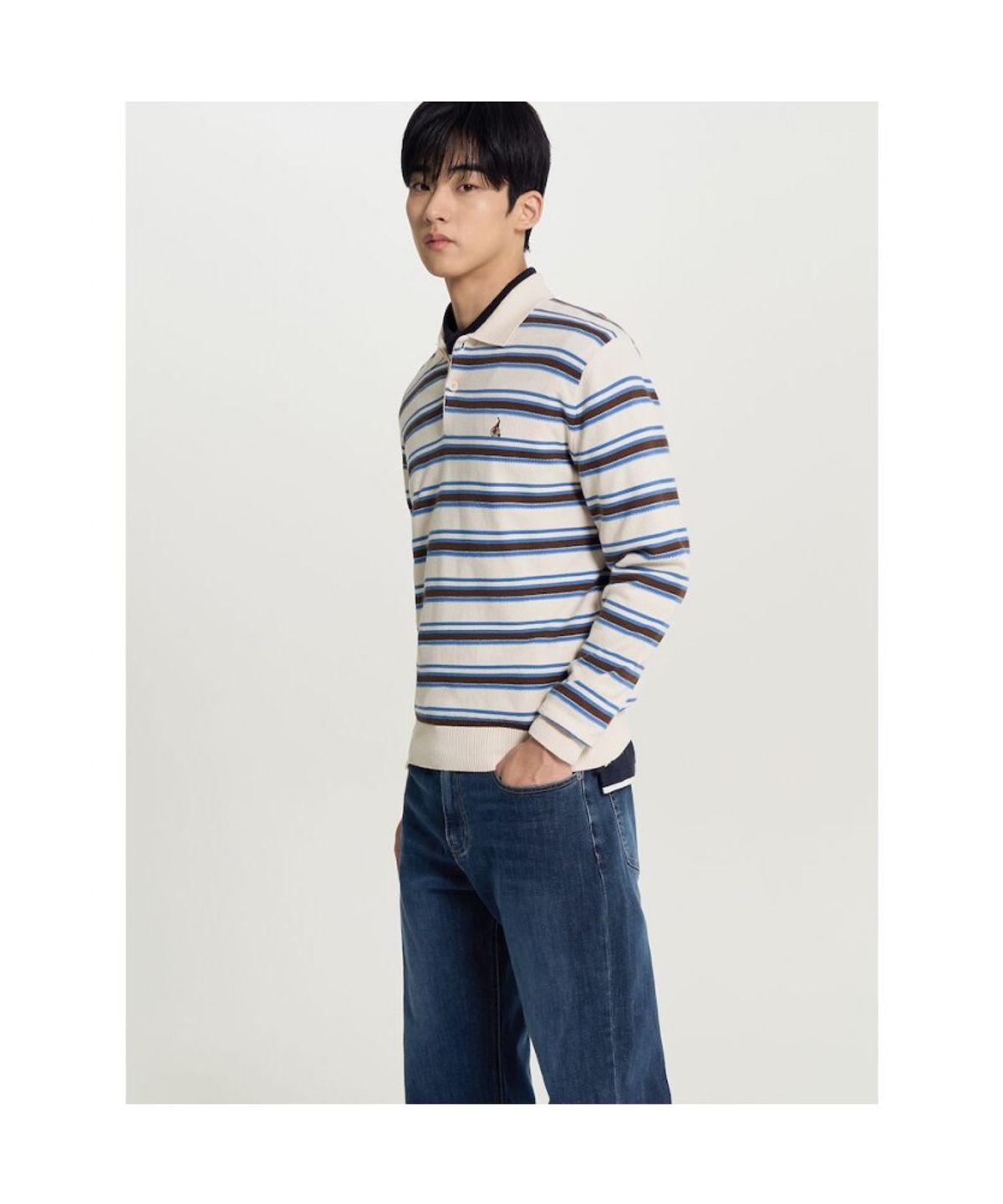 빈폴 멘(BEANPOLE MEN) 멀티 스트라이프 칼라넥 니트  베이지