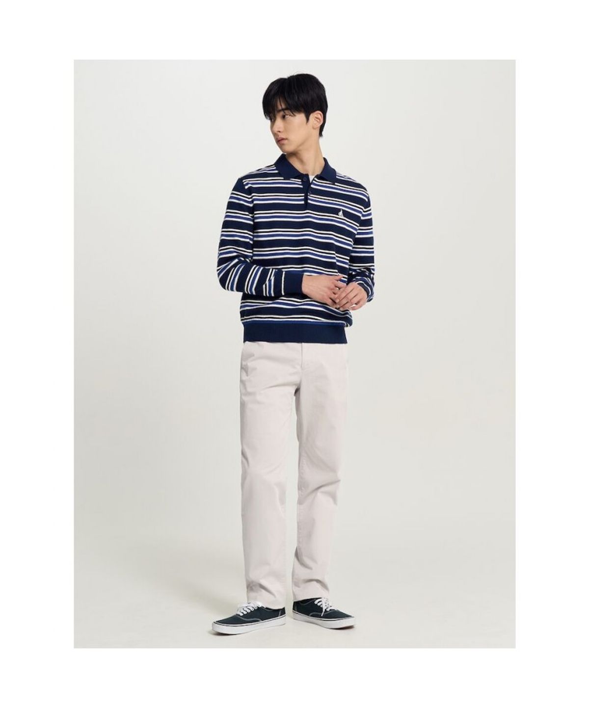 빈폴 멘(BEANPOLE MEN) 멀티 스트라이프 칼라넥 니트  네이비