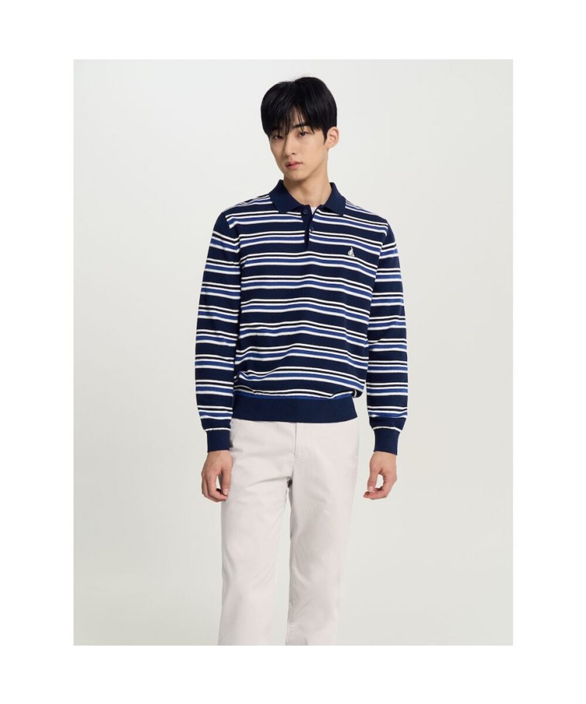 빈폴 멘(BEANPOLE MEN) 멀티 스트라이프 칼라넥 니트  네이비