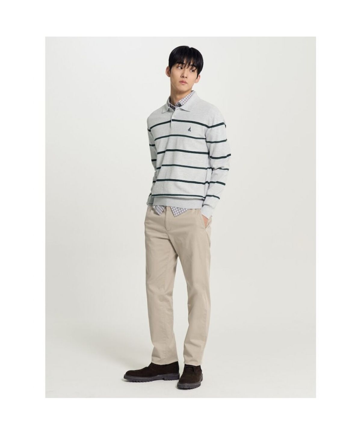 빈폴 멘(BEANPOLE MEN) 스트라이프 칼라넥 니트  그레이