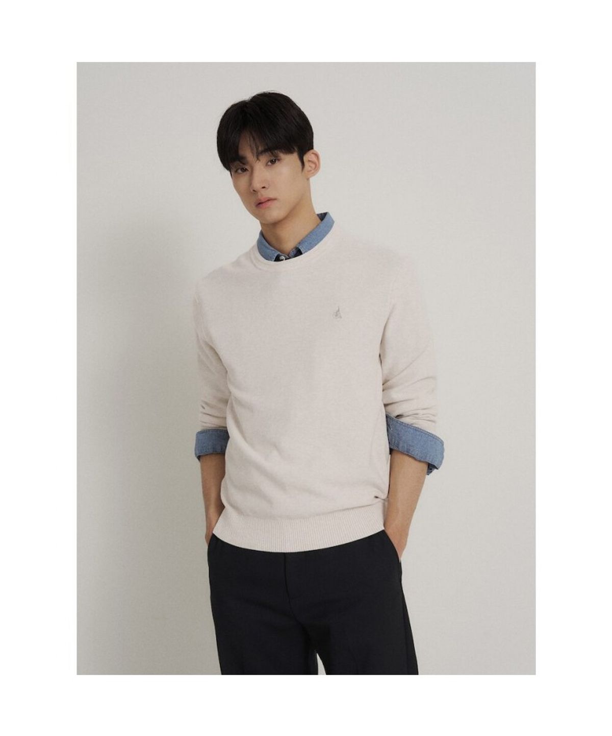빈폴 멘(BEANPOLE MEN) 코튼 베이직 라운드 니트  아이보리