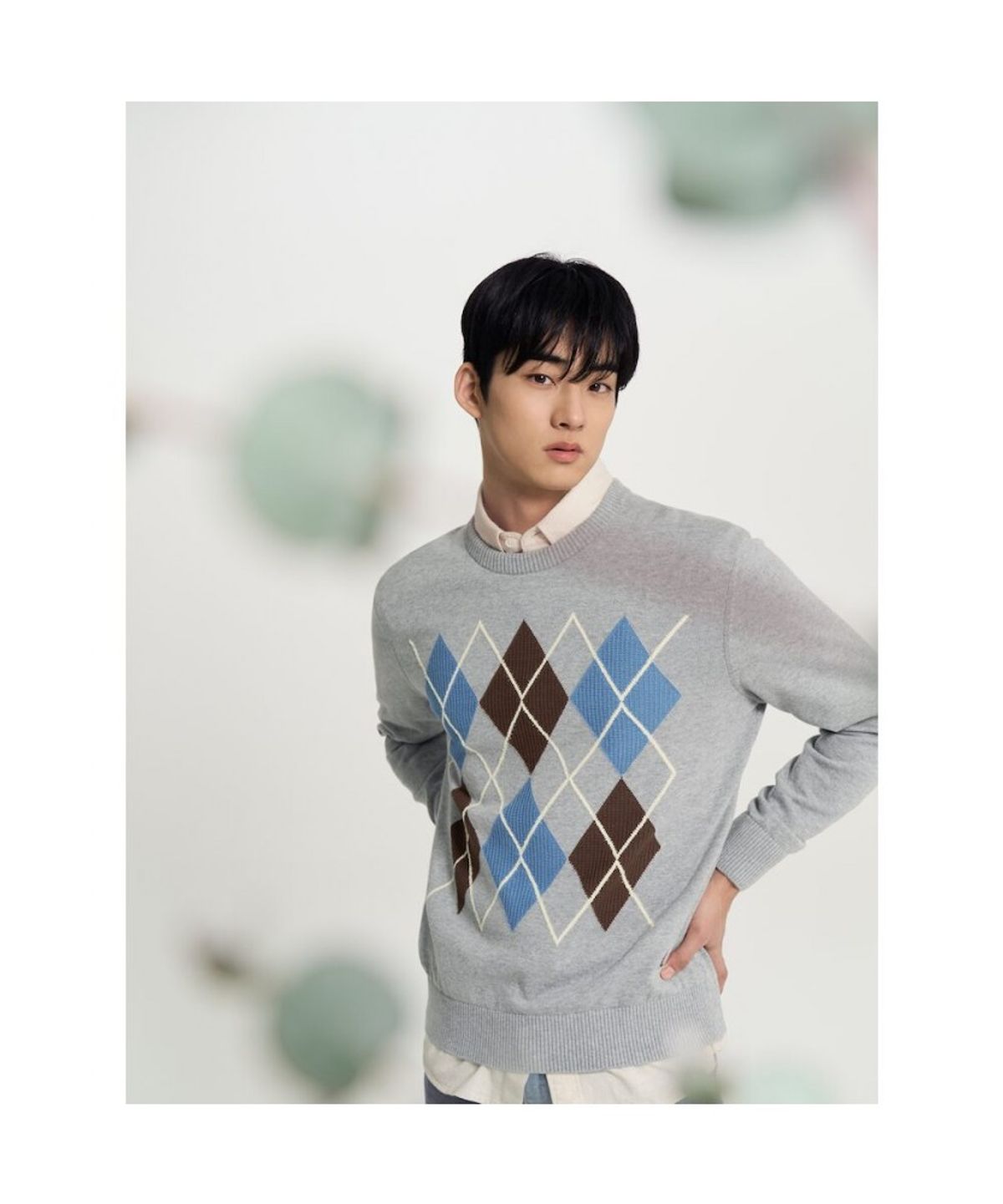 빈폴 멘(BEANPOLE MEN) 코튼 아가일 니트  라이트 그레이