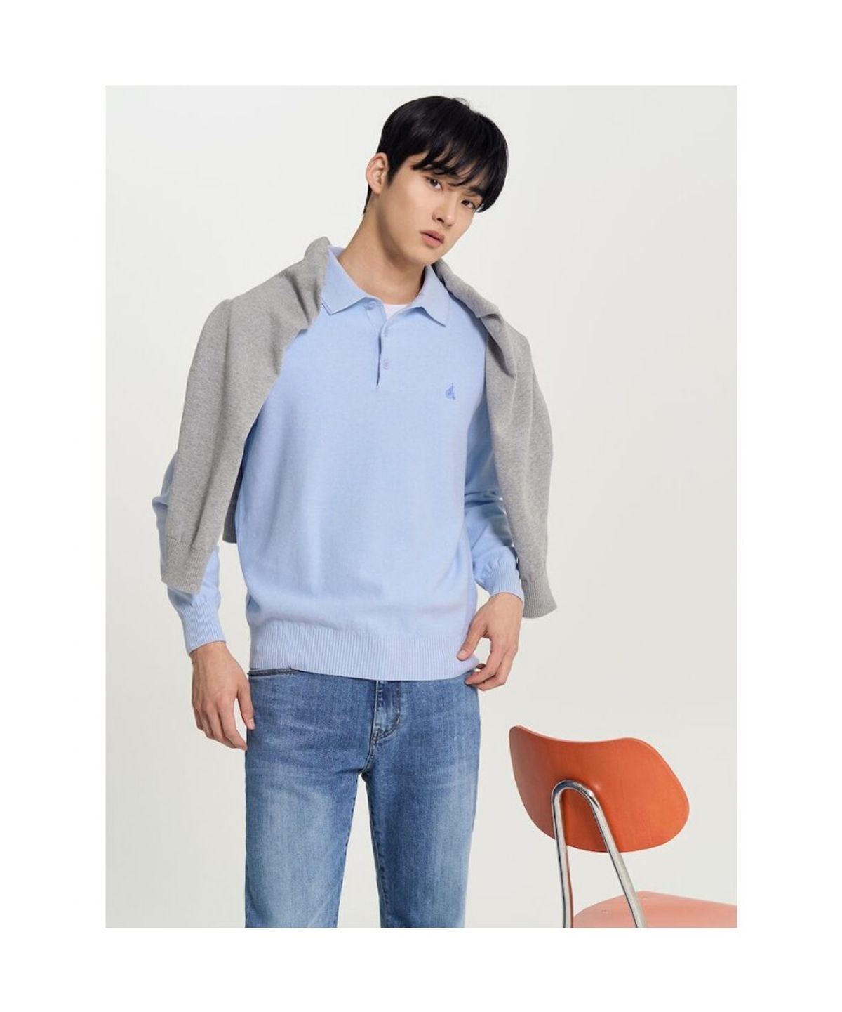 빈폴 멘(BEANPOLE MEN) 코튼 베이직 칼라넥 니트  스카이 블루