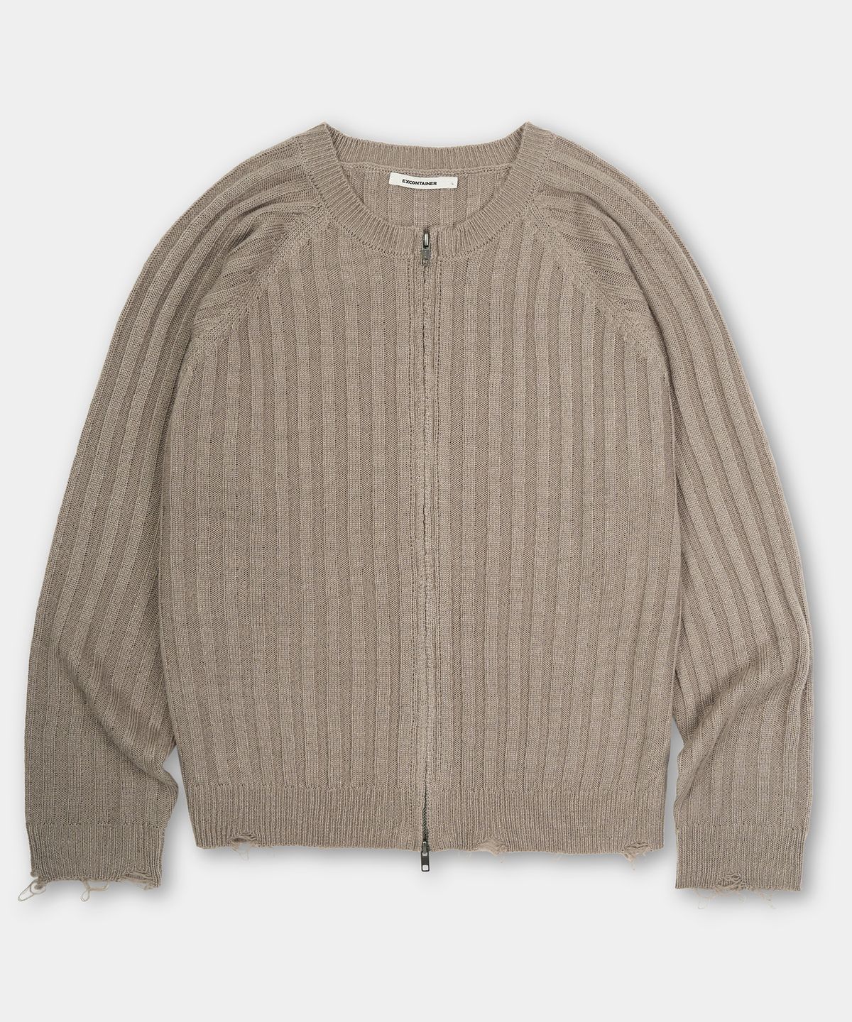 엑스컨테이너(EXCONTAINER) 디스트레스드 라운드넥 집업 크롭 가디건 (ASH BEIGE)