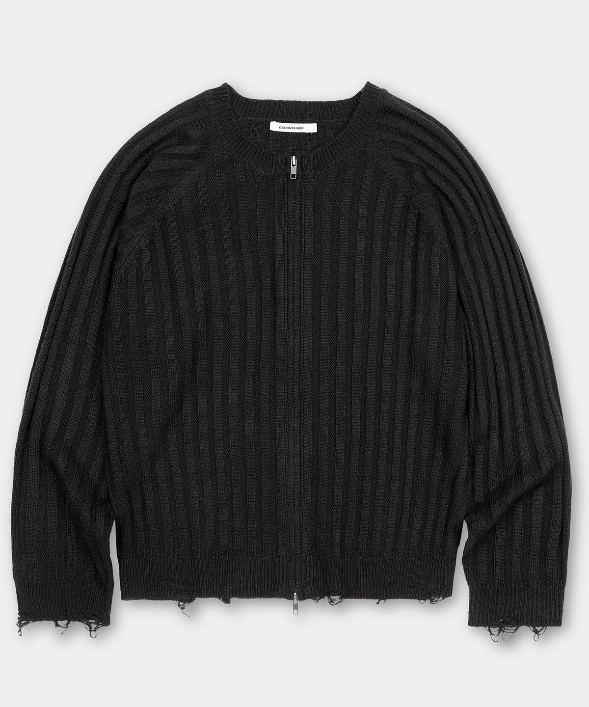 엑스컨테이너(EXCONTAINER) 디스트레스드 라운드넥 집업 크롭 가디건 (BLACK)