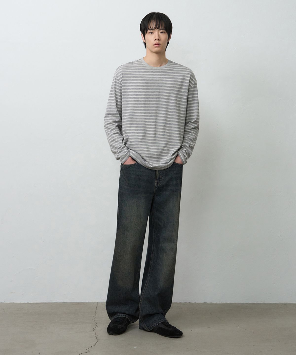 드로우핏(DRAW FIT) 콘트라스트 멀티 스트라이프 롱 슬리브 [MELANGE GREY]