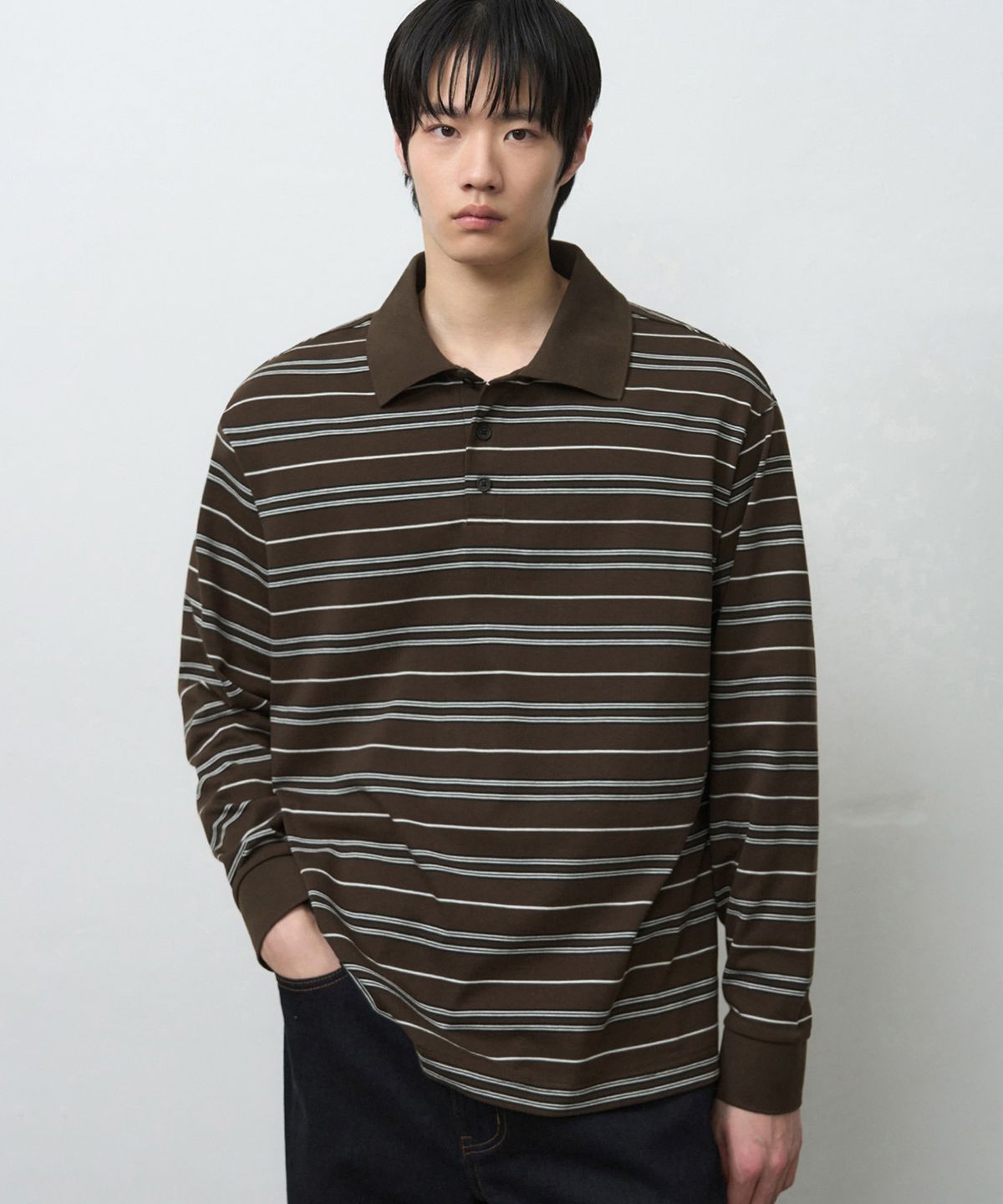 드로우핏(DRAW FIT) 멀티 스트라이프 브로드 피케 티셔츠 [DARK BROWN]