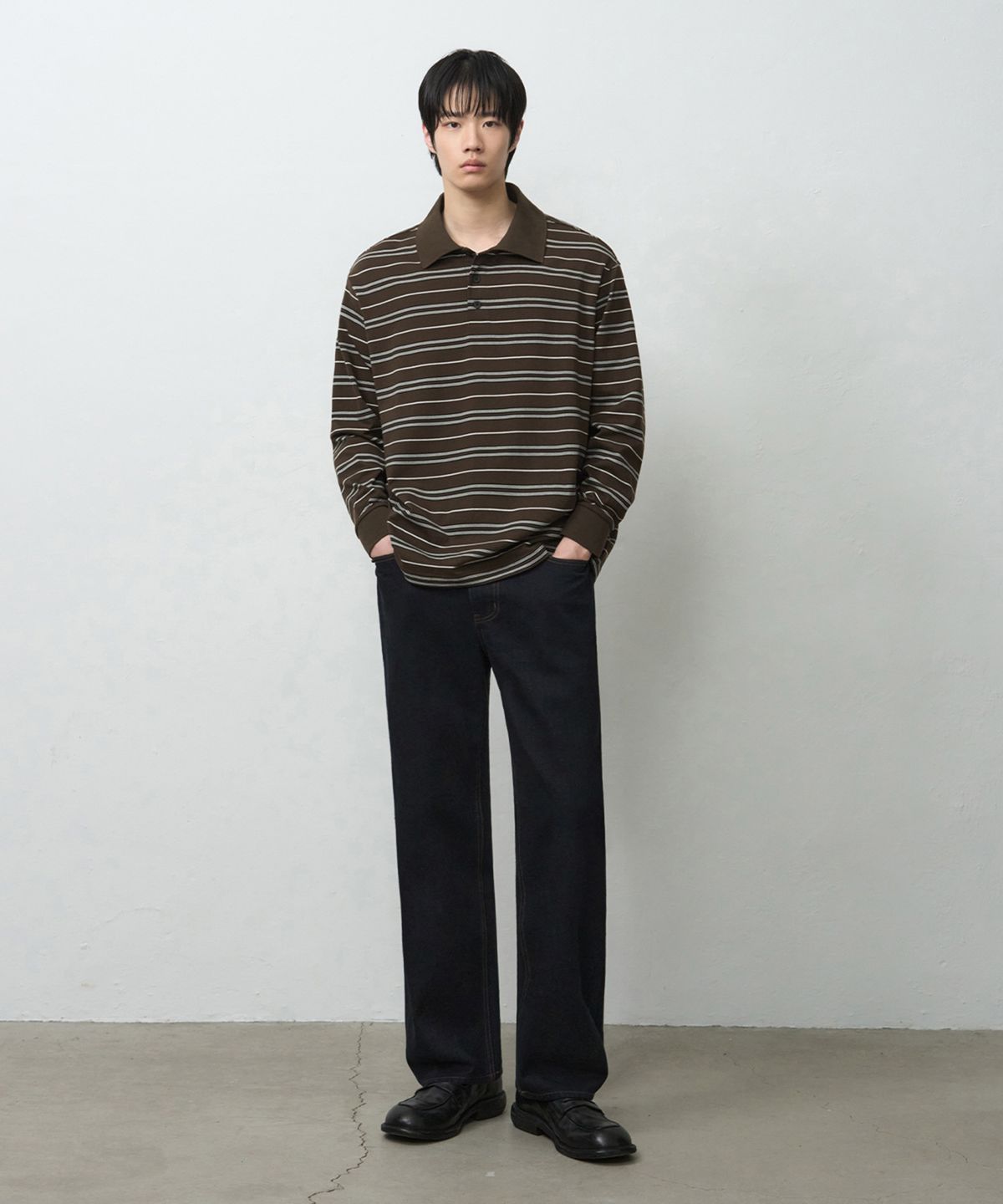 드로우핏(DRAW FIT) 멀티 스트라이프 브로드 피케 티셔츠 [DARK BROWN]