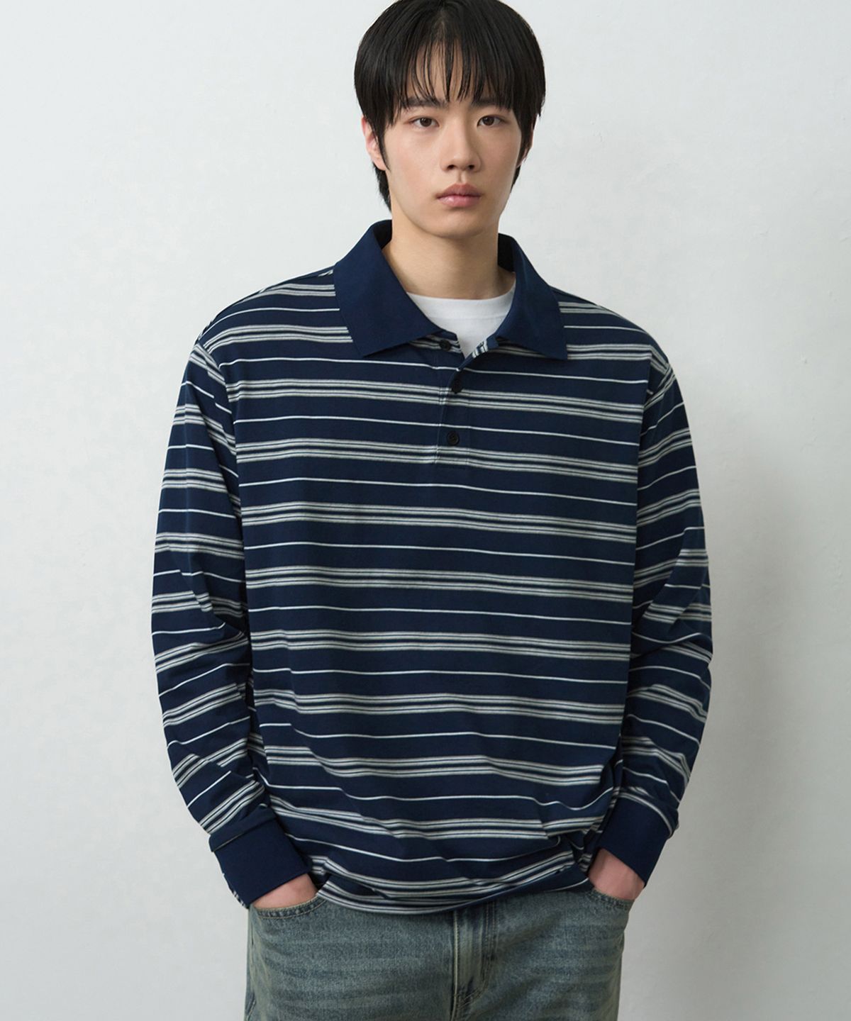 드로우핏(DRAW FIT) 멀티 스트라이프 브로드 피케 티셔츠 [NAVY]