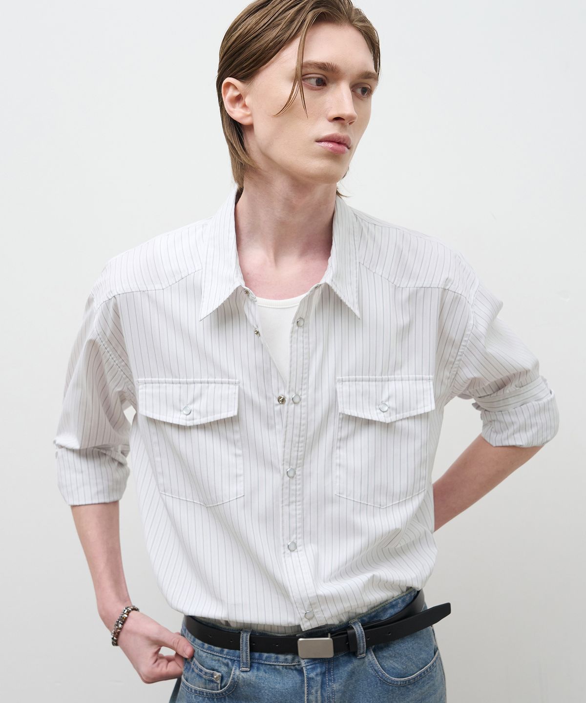드로우핏(DRAW FIT) 라일 스트라이프 웨스턴 셔츠 [WHITE]