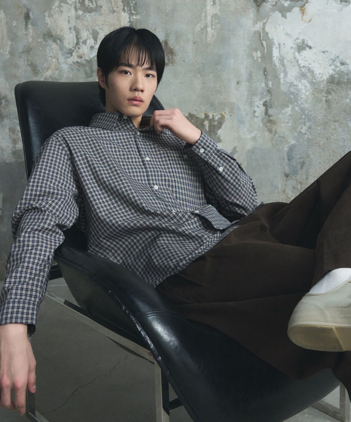 드로우핏(DRAW FIT) 로웬 원포켓 크롭 체크 셔츠 [VINTAGE BLUE]